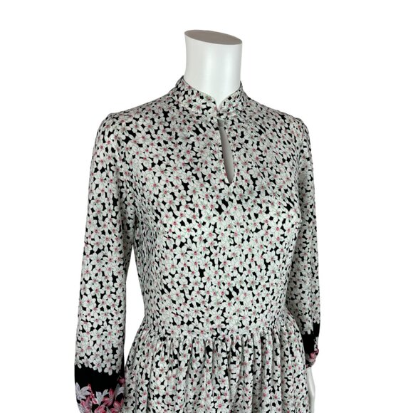 Vintage 70s Floral Dress Women's Small Border Print Pink Keyhole Neckline Sheath - Picture 5 of 12
